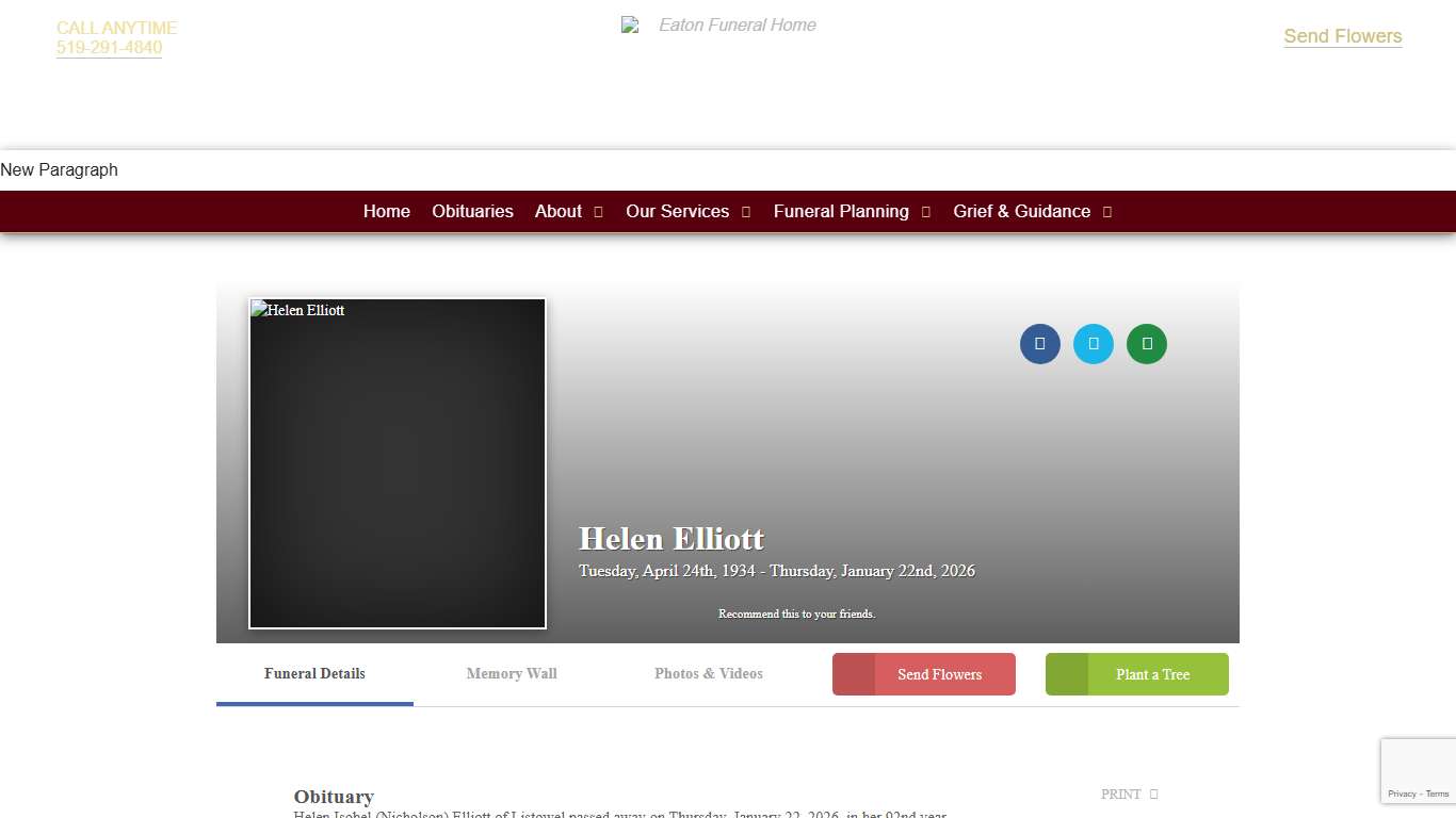 Helen Elliott Obituary - Listowel, ON Eaton Funeral Home